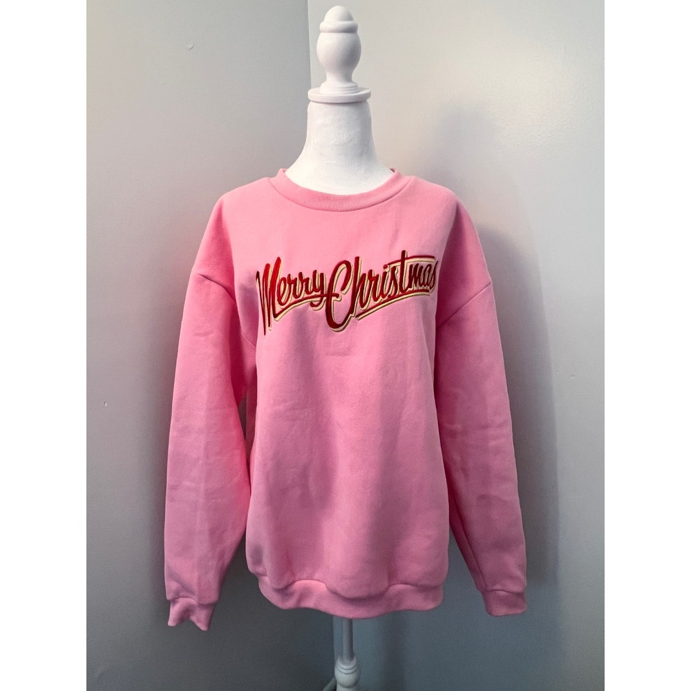 Simply Southern Merry Christmas Pink Sweatshirt XL Bow Sleeve Holiday Crewneck - Picture 3 of 7